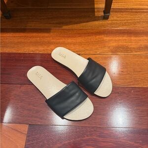 MIA Black Slide Sandals with Beige Footbed